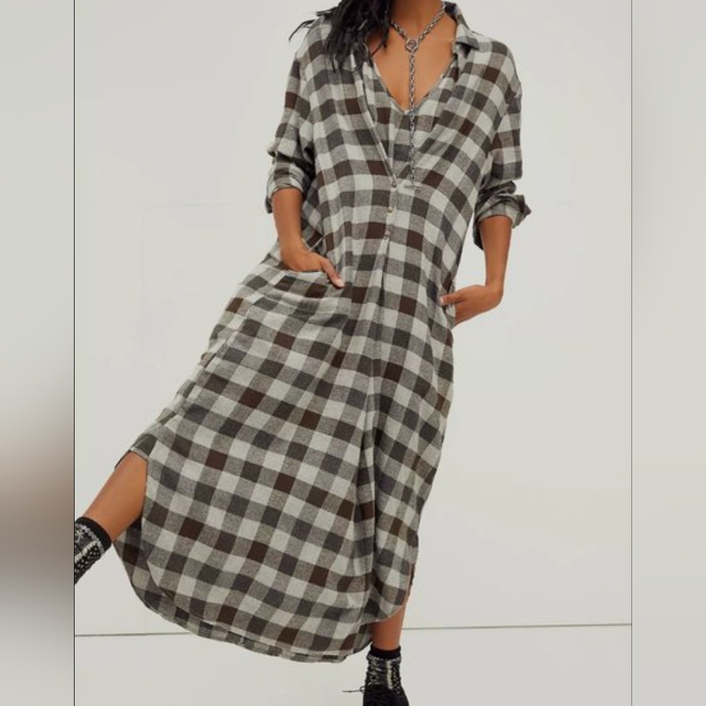 Nicholas K Grey Plaid Drop Crotch Maxi Jumpsuit Cotton *Flaw